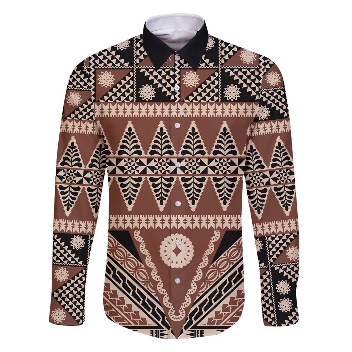 Vintage Bula Fiji Family Matching Off The Shoulder Long Sleeve Dress and Hawaiian Shirt Brown Tapa Masi Motif LT9 Dad's Shirt - Long Sleeve Brown - Polynesian Pride