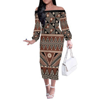 Vintage Bula Fiji Family Matching Off The Shoulder Long Sleeve Dress and Hawaiian Shirt Brown Tapa Masi Motif LT9 Mom's Dress Brown - Polynesian Pride