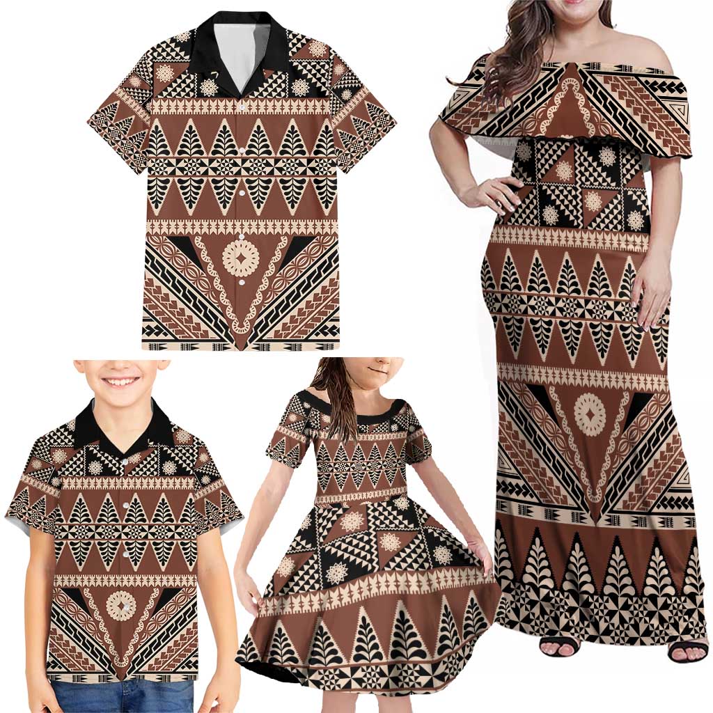 Vintage Bula Fiji Family Matching Off Shoulder Maxi Dress and Hawaiian Shirt Brown Tapa Masi Motif LT9 - Polynesian Pride