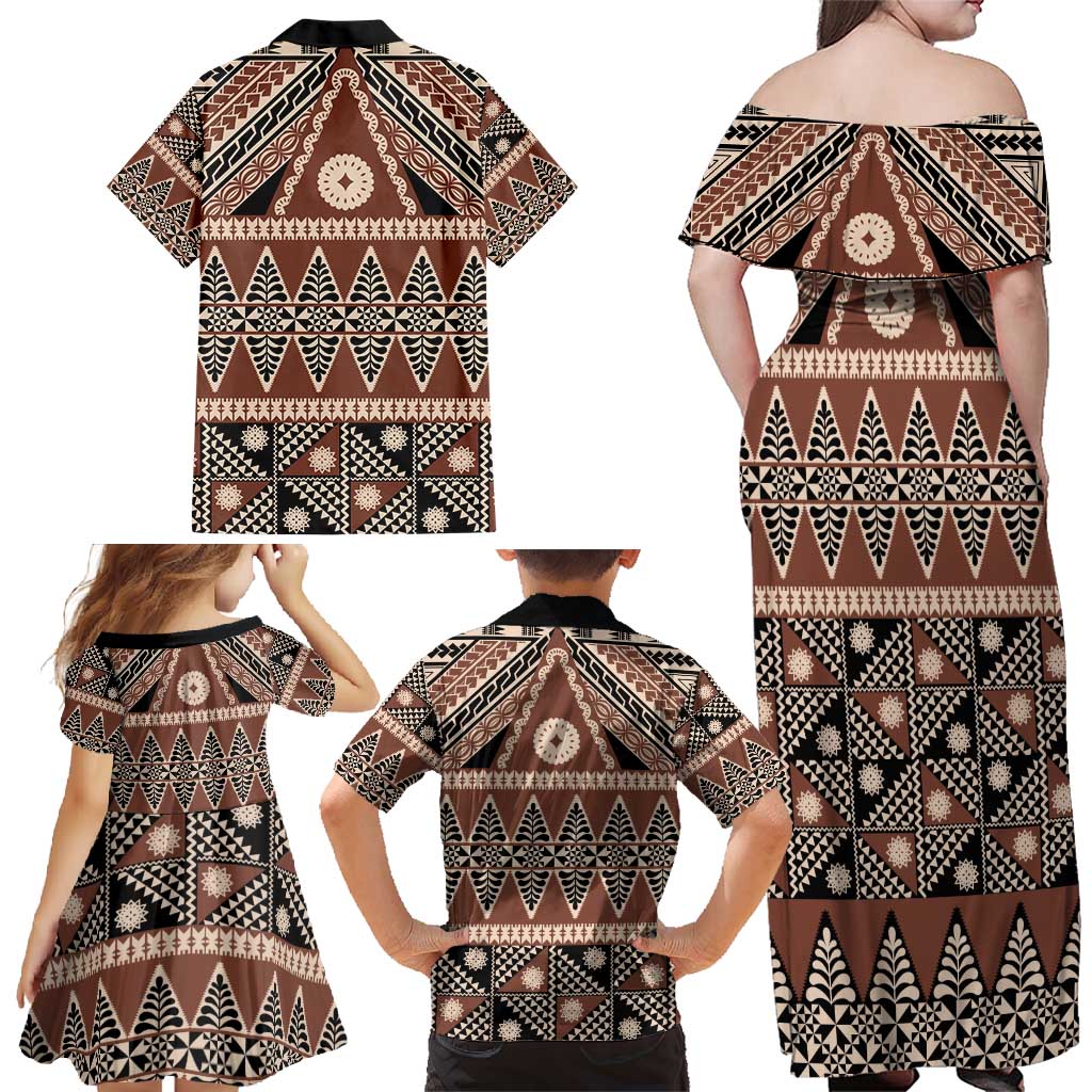 Vintage Bula Fiji Family Matching Off Shoulder Maxi Dress and Hawaiian Shirt Brown Tapa Masi Motif LT9 - Polynesian Pride