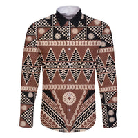 Vintage Bula Fiji Family Matching Off Shoulder Maxi Dress and Hawaiian Shirt Brown Tapa Masi Motif LT9 Dad's Shirt - Long Sleeve Brown - Polynesian Pride