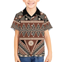Vintage Bula Fiji Family Matching Off Shoulder Maxi Dress and Hawaiian Shirt Brown Tapa Masi Motif LT9 Son's Shirt Brown - Polynesian Pride