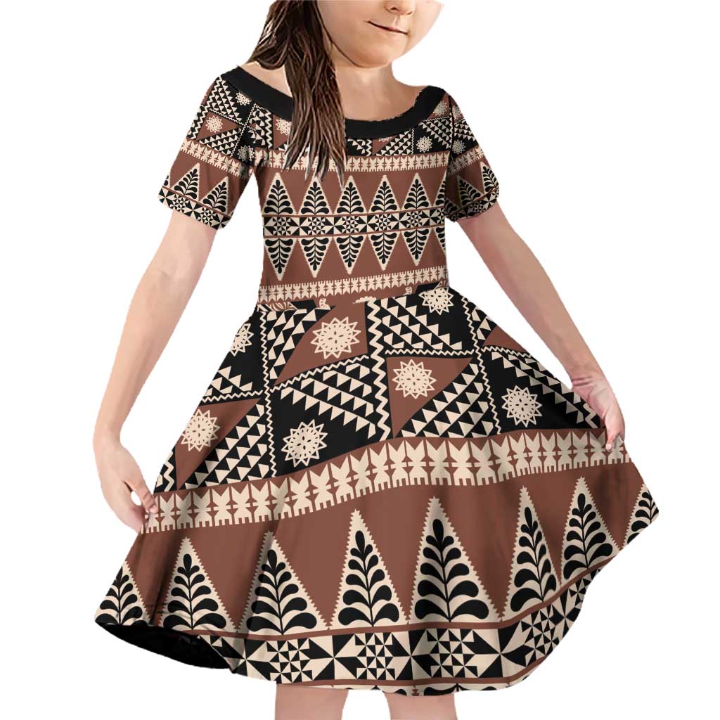 Vintage Bula Fiji Family Matching Off Shoulder Short Dress and Hawaiian Shirt Brown Tapa Masi Motif LT9 Daughter's Dress Brown - Polynesian Pride