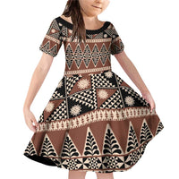 Vintage Bula Fiji Family Matching Off Shoulder Short Dress and Hawaiian Shirt Brown Tapa Masi Motif LT9 Daughter's Dress Brown - Polynesian Pride