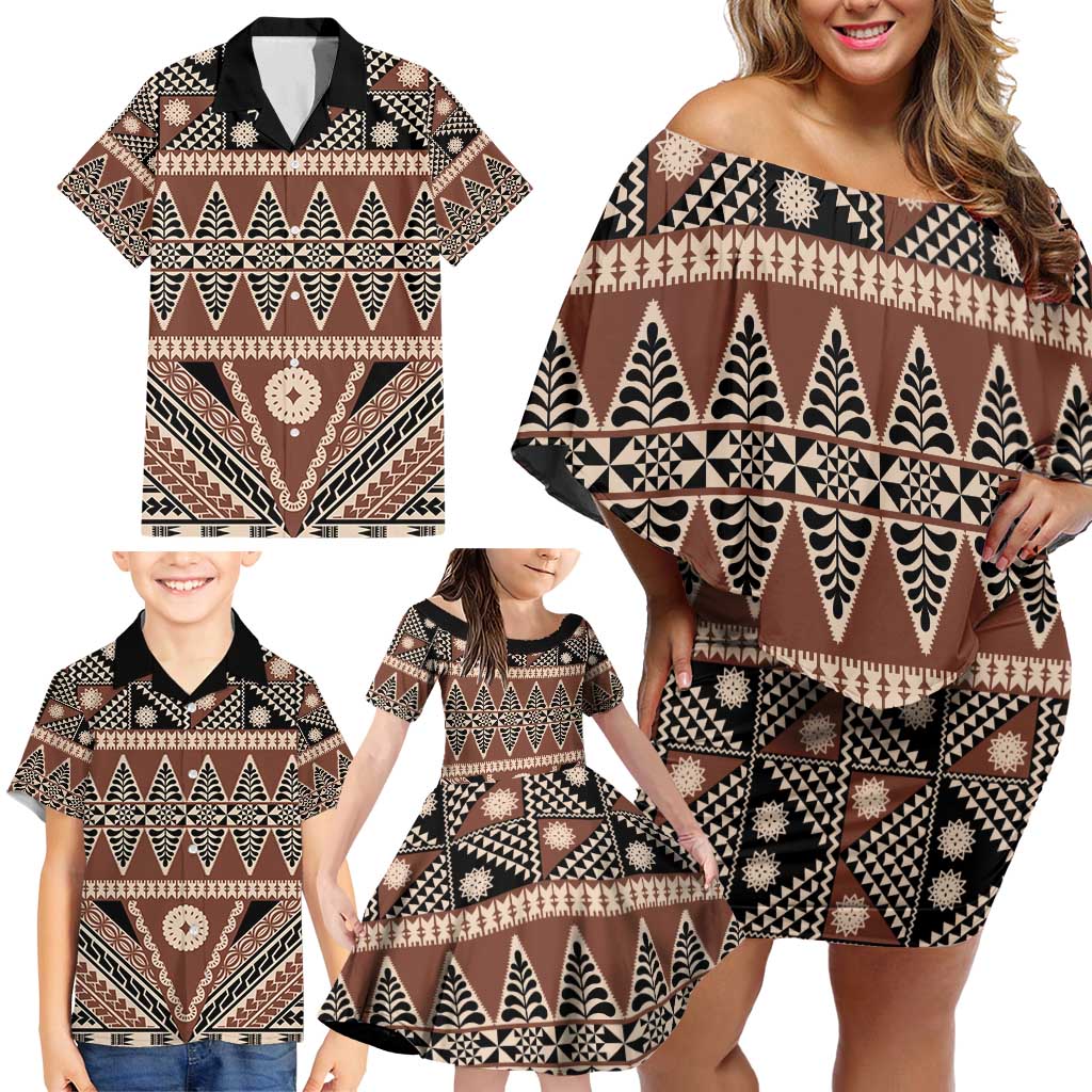 Vintage Bula Fiji Family Matching Off Shoulder Short Dress and Hawaiian Shirt Brown Tapa Masi Motif LT9 - Polynesian Pride
