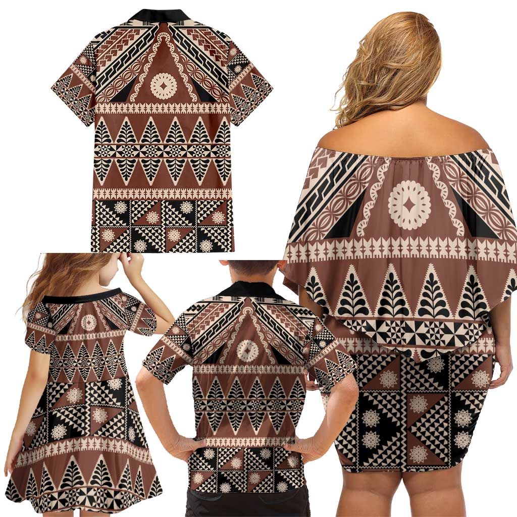 Vintage Bula Fiji Family Matching Off Shoulder Short Dress and Hawaiian Shirt Brown Tapa Masi Motif LT9 - Polynesian Pride