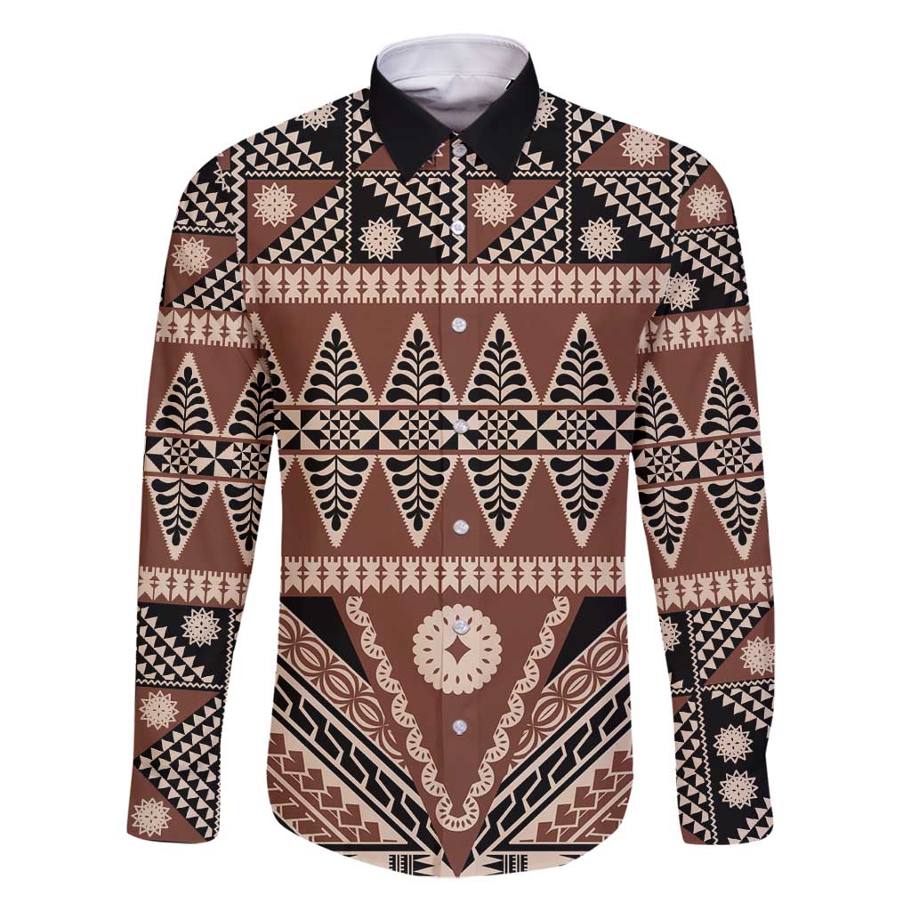 Vintage Bula Fiji Family Matching Off Shoulder Short Dress and Hawaiian Shirt Brown Tapa Masi Motif LT9 Dad's Shirt - Long Sleeve Brown - Polynesian Pride