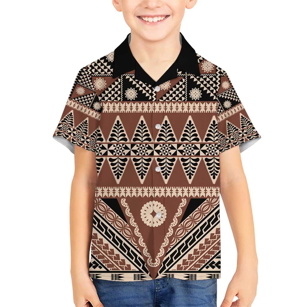 Vintage Bula Fiji Family Matching Off Shoulder Short Dress and Hawaiian Shirt Brown Tapa Masi Motif LT9 Son's Shirt Brown - Polynesian Pride