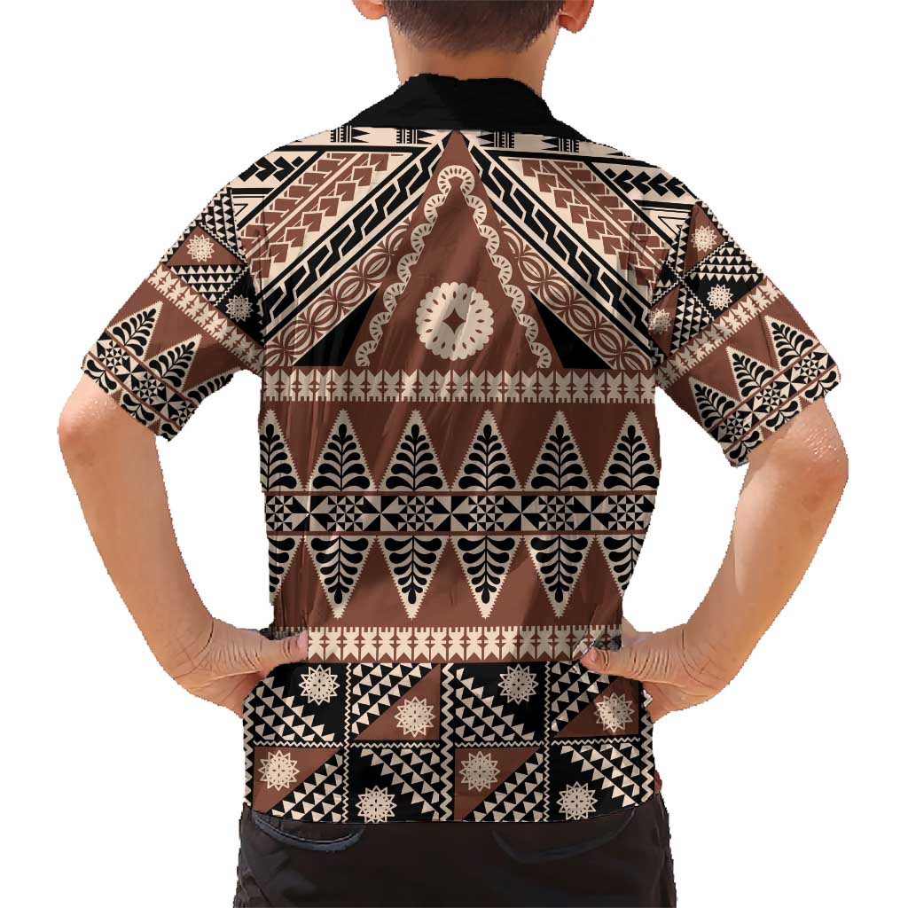 Vintage Bula Fiji Family Matching Short Sleeve Bodycon Dress and Hawaiian Shirt Brown Tapa Masi Motif LT9 - Polynesian Pride