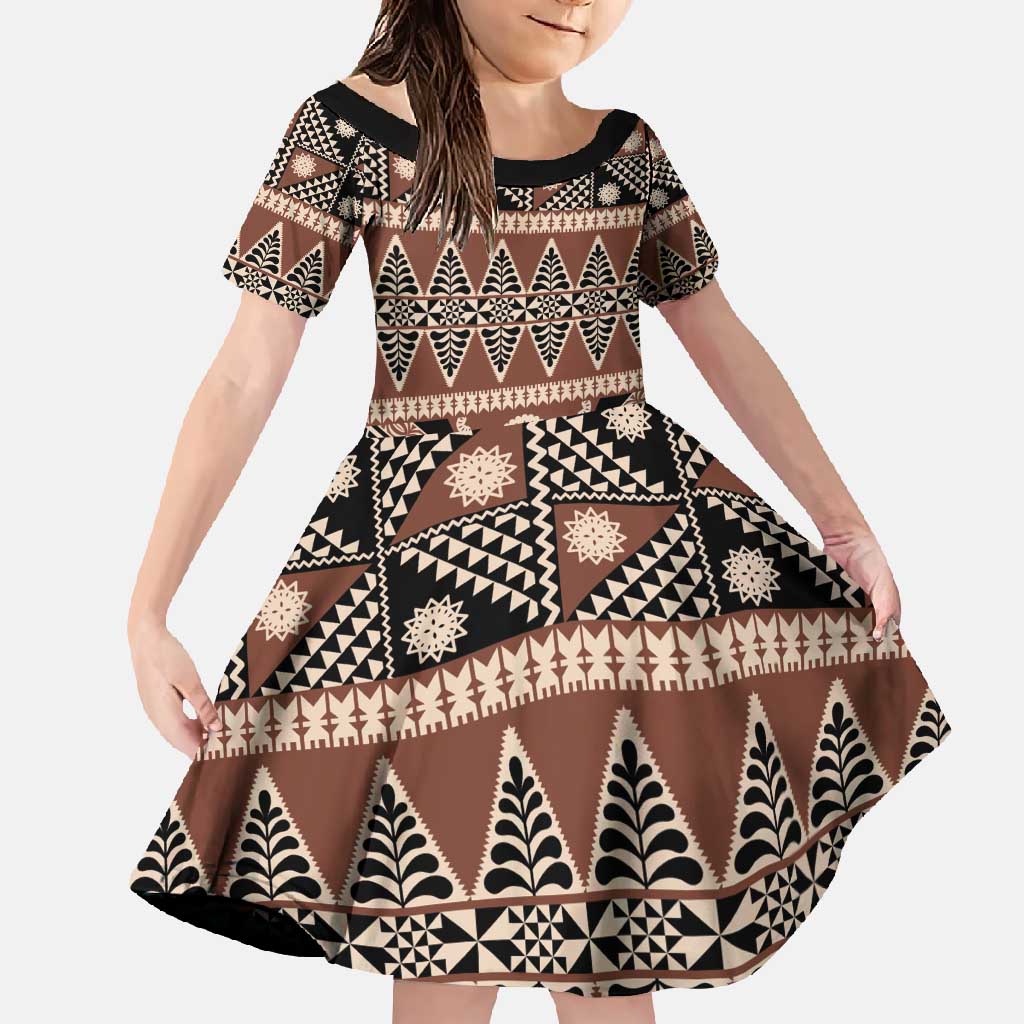 Vintage Bula Fiji Family Matching Short Sleeve Bodycon Dress and Hawaiian Shirt Brown Tapa Masi Motif LT9 Daughter's Dress Brown - Polynesian Pride