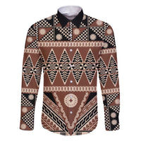 Vintage Bula Fiji Family Matching Short Sleeve Bodycon Dress and Hawaiian Shirt Brown Tapa Masi Motif LT9 Dad's Shirt - Long Sleeve Brown - Polynesian Pride