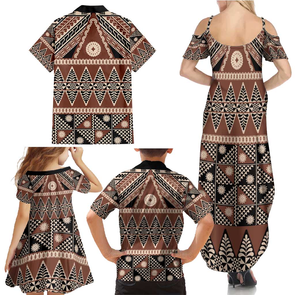 Vintage Bula Fiji Family Matching Summer Maxi Dress and Hawaiian Shirt Brown Tapa Masi Motif LT9 - Polynesian Pride