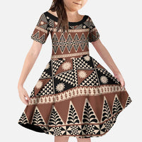 Vintage Bula Fiji Family Matching Tank Maxi Dress and Hawaiian Shirt Brown Tapa Masi Motif LT9 Daughter's Dress Brown - Polynesian Pride