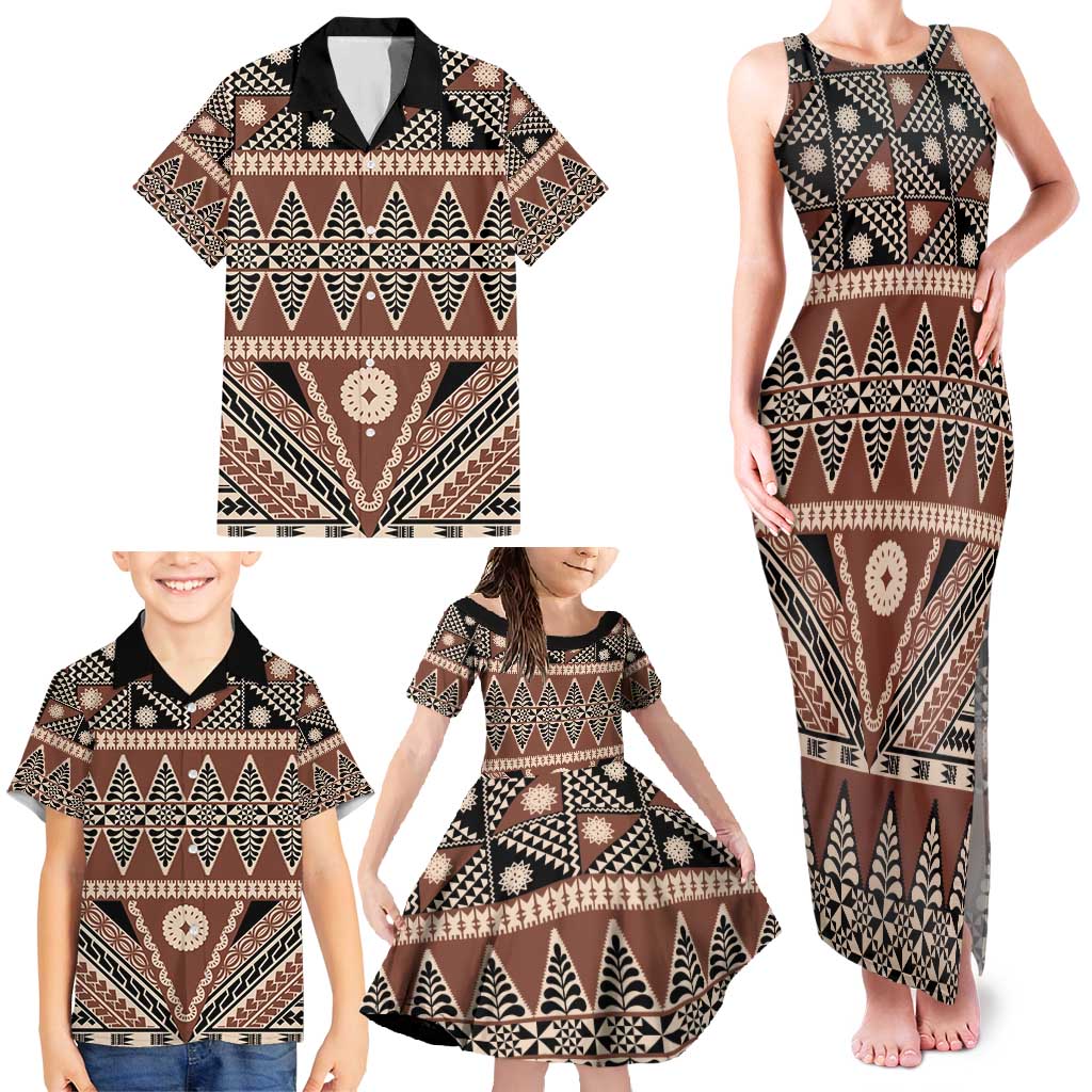 Vintage Bula Fiji Family Matching Tank Maxi Dress and Hawaiian Shirt Brown Tapa Masi Motif LT9 - Polynesian Pride