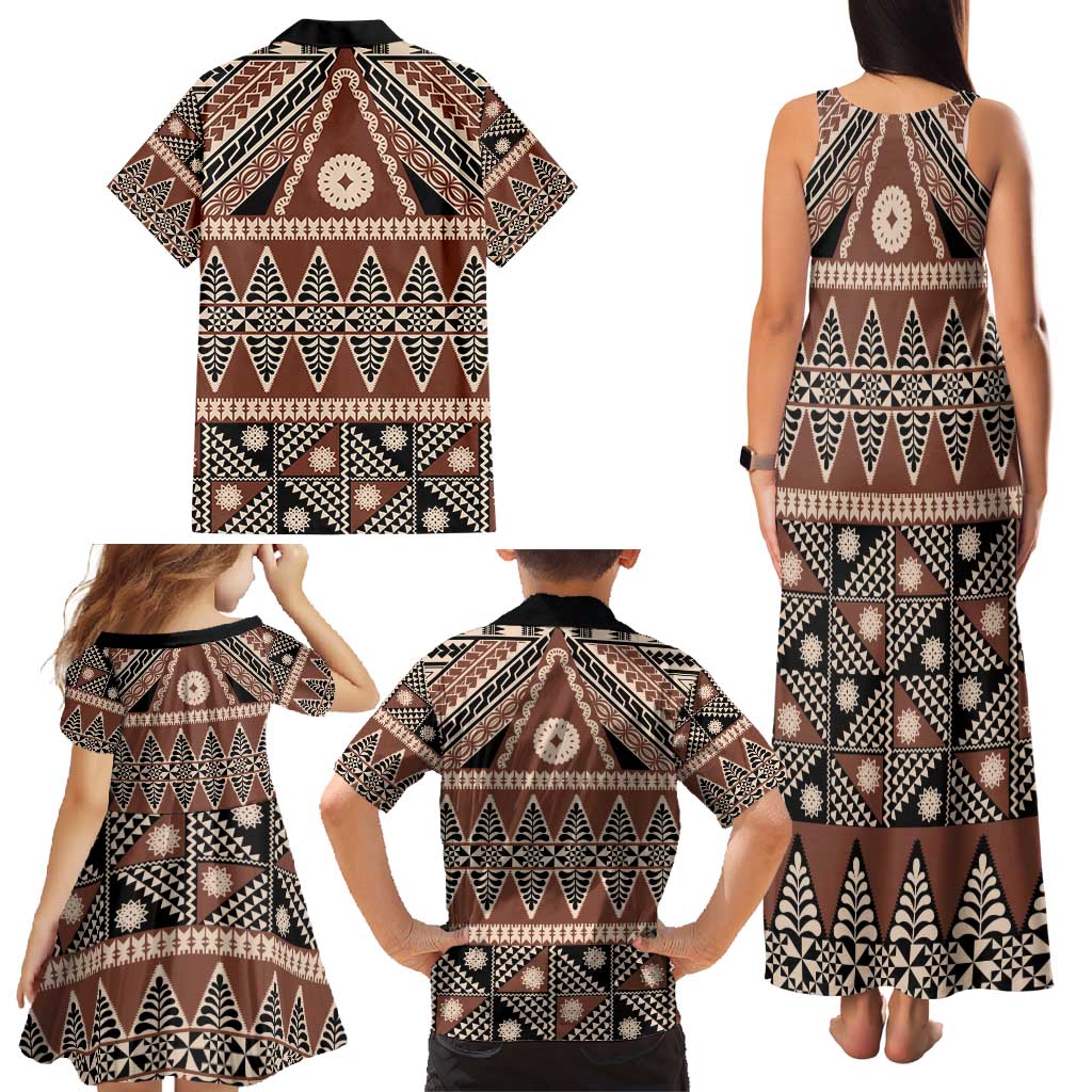 Vintage Bula Fiji Family Matching Tank Maxi Dress and Hawaiian Shirt Brown Tapa Masi Motif LT9 - Polynesian Pride