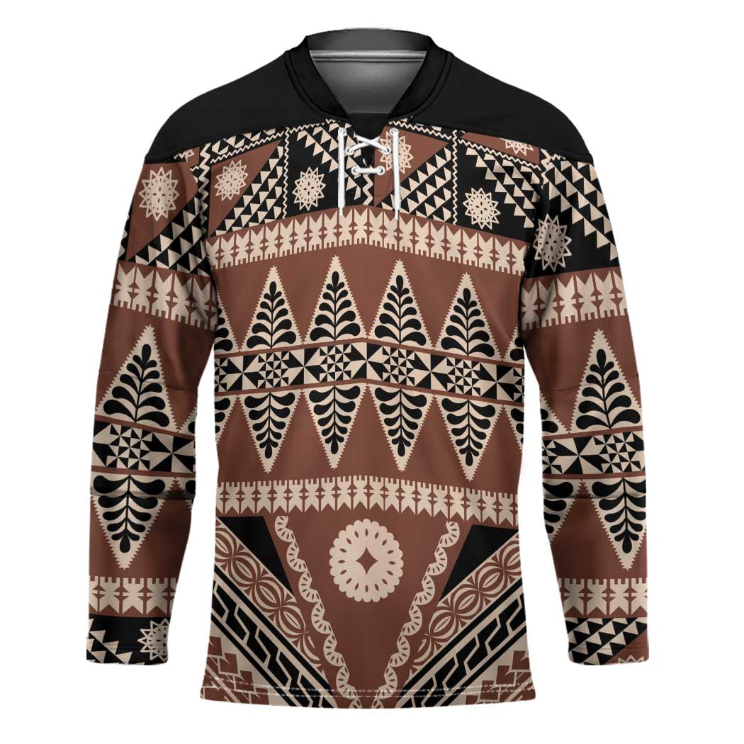 Vintage Bula Fiji Hockey Jersey Brown Tapa Masi Motif - Polynesian Pride