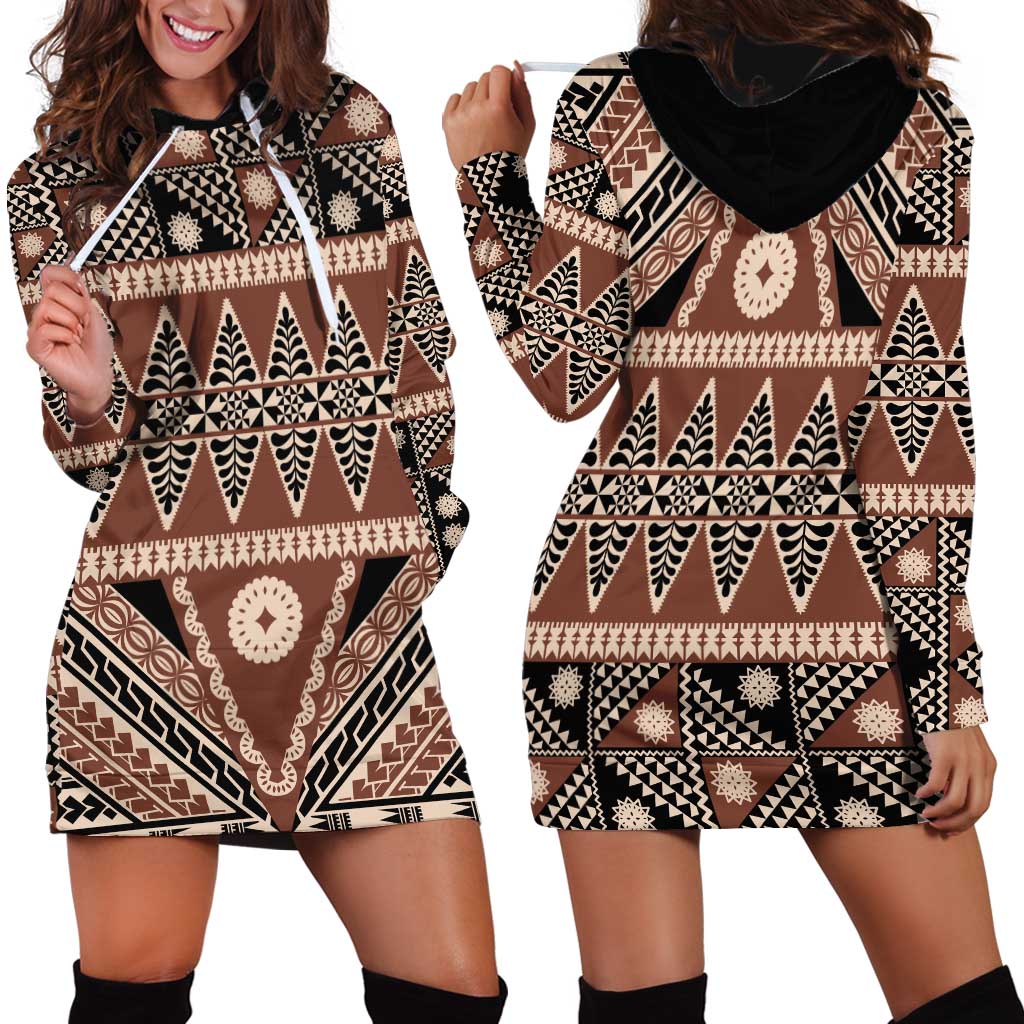 Vintage Bula Fiji Hoodie Dress Brown Tapa Masi Motif