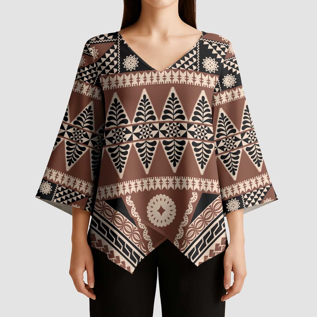 Vintage Bula Fiji Kimono Sleeve Blouse Brown Tapa Masi Motif - Polynesian Pride