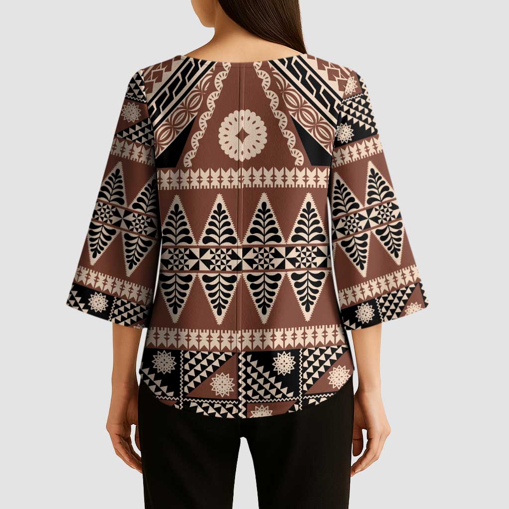Vintage Bula Fiji Kimono Sleeve Blouse Brown Tapa Masi Motif - Polynesian Pride