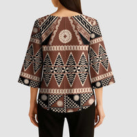 Vintage Bula Fiji Kimono Sleeve Blouse Brown Tapa Masi Motif - Polynesian Pride