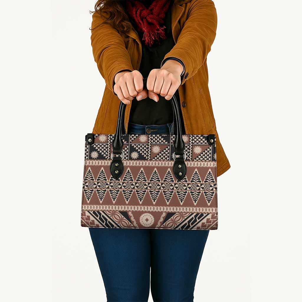 Vintage Bula Fiji Leather Bag Brown Tapa Masi Motif - Polynesian Pride