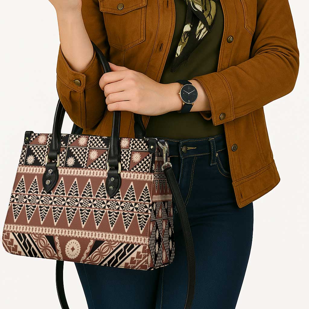 Vintage Bula Fiji Leather Bag Brown Tapa Masi Motif - Polynesian Pride