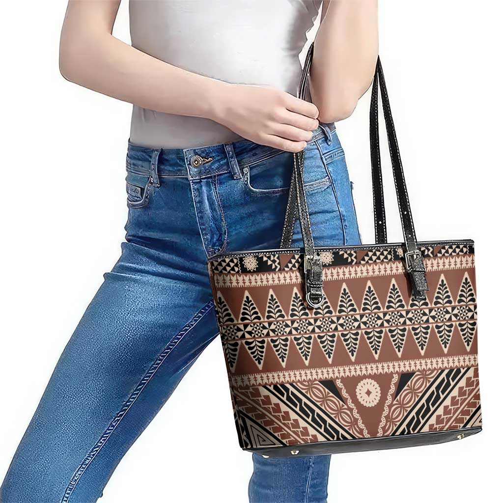 Vintage Bula Fiji Leather Tote Bag Brown Tapa Masi Motif