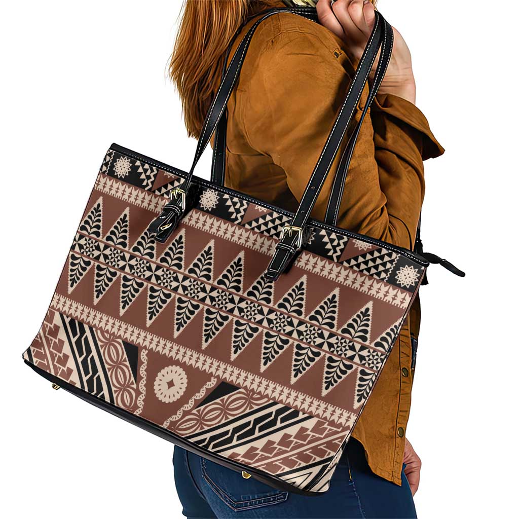 Vintage Bula Fiji Leather Tote Bag Brown Tapa Masi Motif