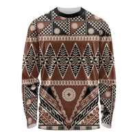 Vintage Bula Fiji Long Sleeve Shirt Brown Tapa Masi Motif LT9 Unisex Brown - Polynesian Pride
