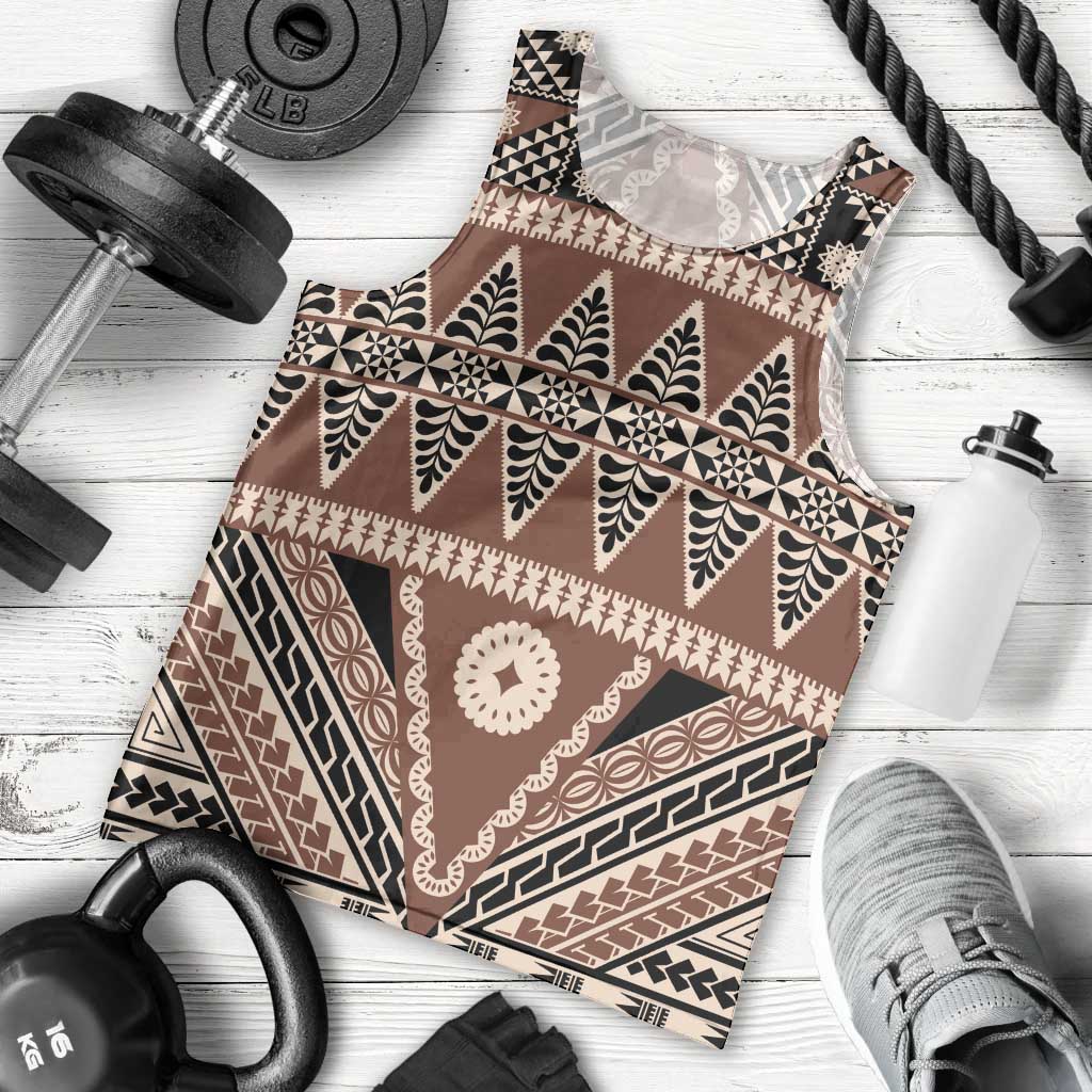 Vintage Bula Fiji Men Tank Top Brown Tapa Masi Motif