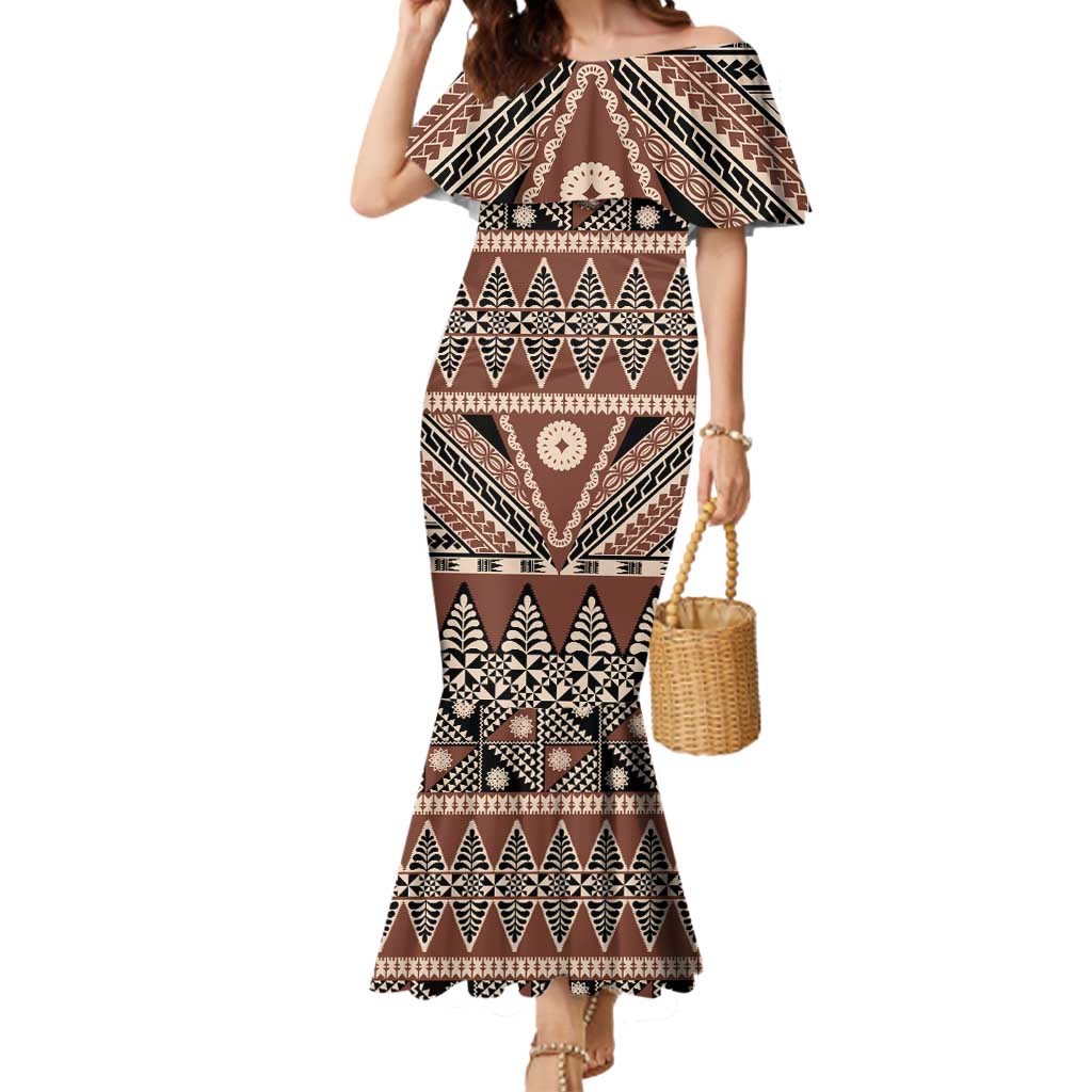 Vintage Bula Fiji Mermaid Dress Brown Tapa Masi Motif