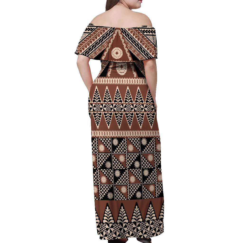 Vintage Bula Fiji Off Shoulder Maxi Dress Brown Tapa Masi Motif