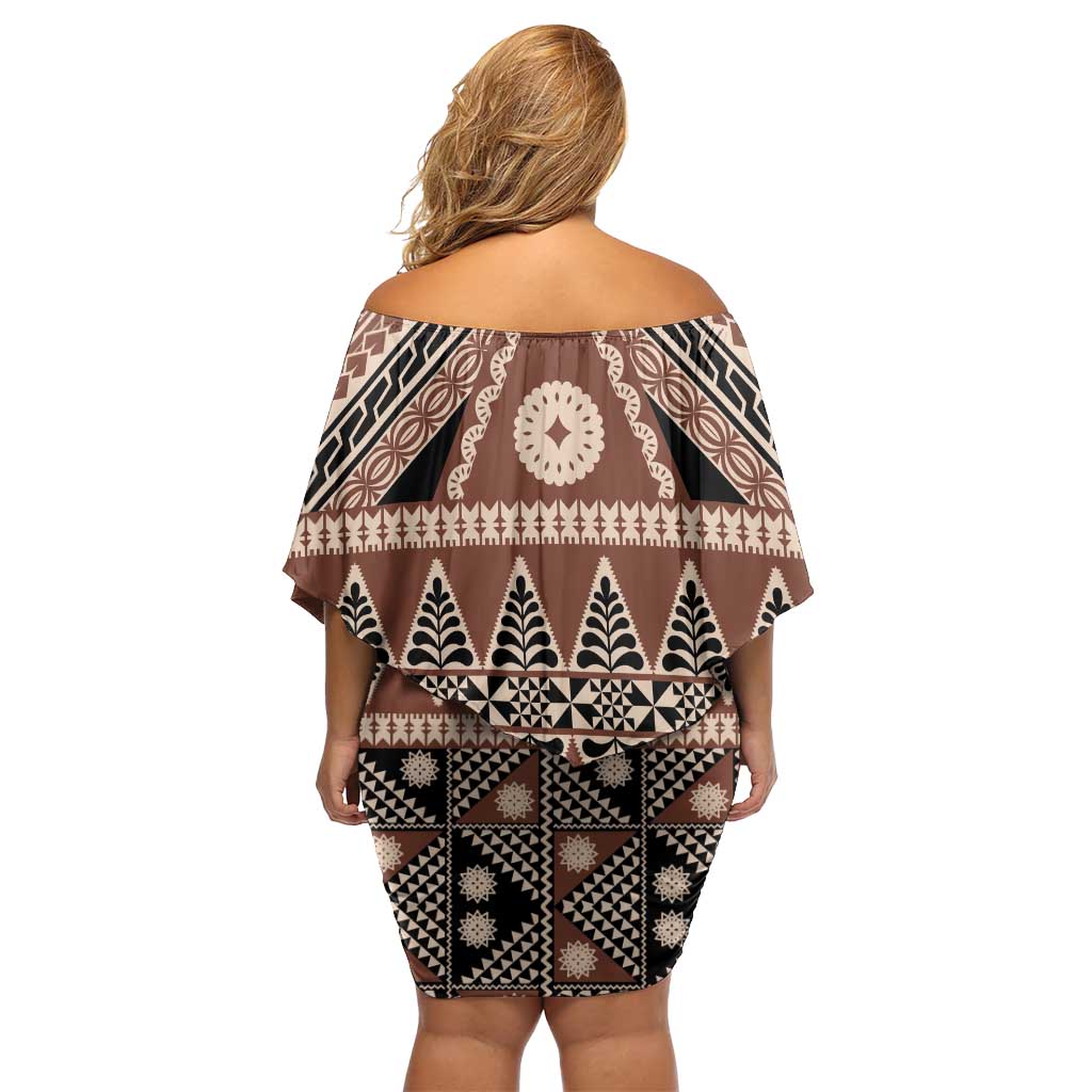 Vintage Bula Fiji Off Shoulder Short Dress Brown Tapa Masi Motif