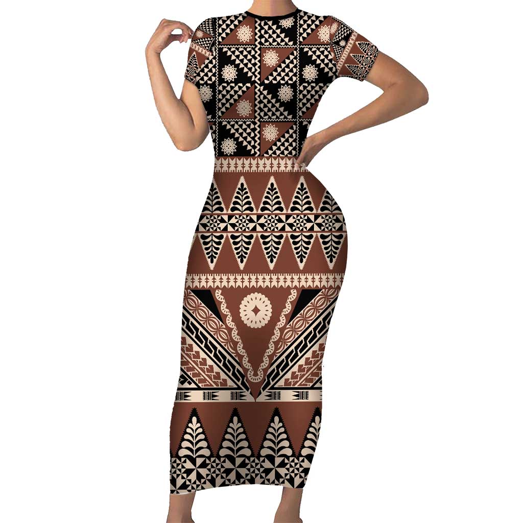 Vintage Bula Fiji Short Sleeve Bodycon Dress Brown Tapa Masi Motif