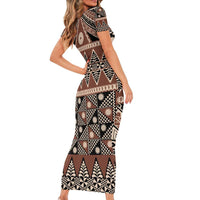 Vintage Bula Fiji Short Sleeve Bodycon Dress Brown Tapa Masi Motif