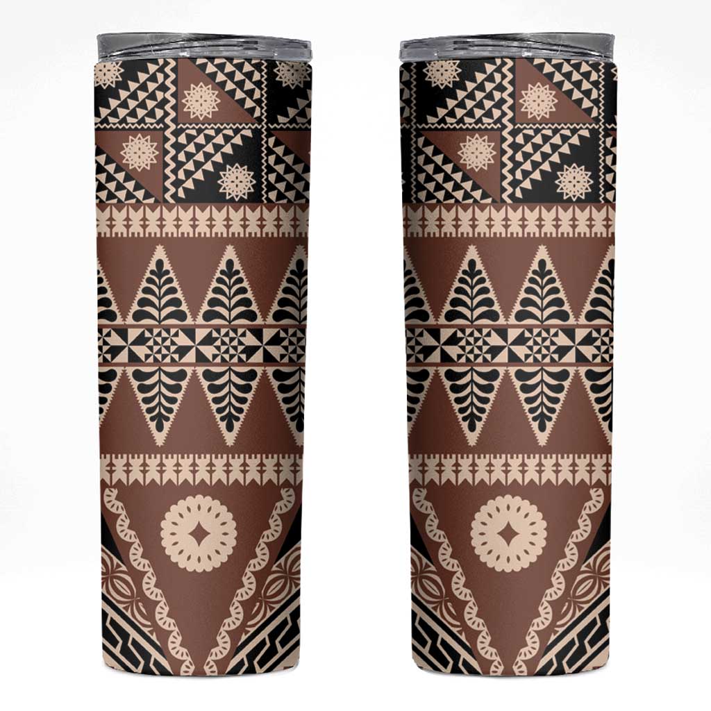 Vintage Bula Fiji Skinny Tumbler Brown Tapa Masi Motif