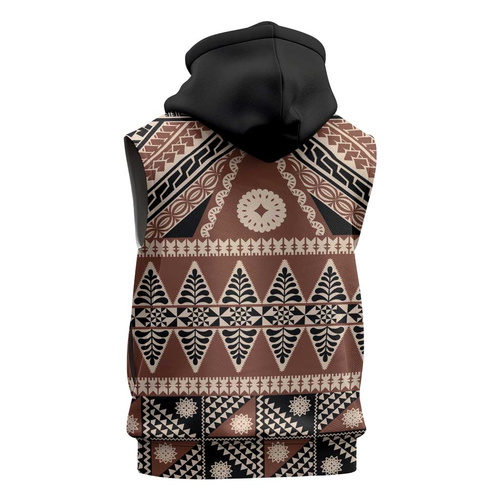 Vintage Bula Fiji Sleeveless Zip Hoodie Brown Tapa Masi Motif - Polynesian Pride