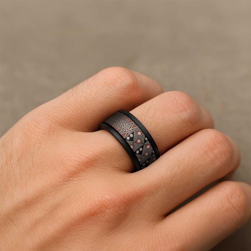 Vintage Bula Fiji Spinner Ring Brown Tapa Masi Motif - Polynesian Pride