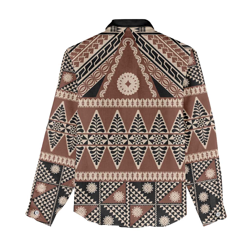 Vintage Bula Fiji Women Casual Shirt Brown Tapa Masi Motif