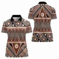 Vintage Bula Fiji Women Polo Shirt Brown Tapa Masi Motif