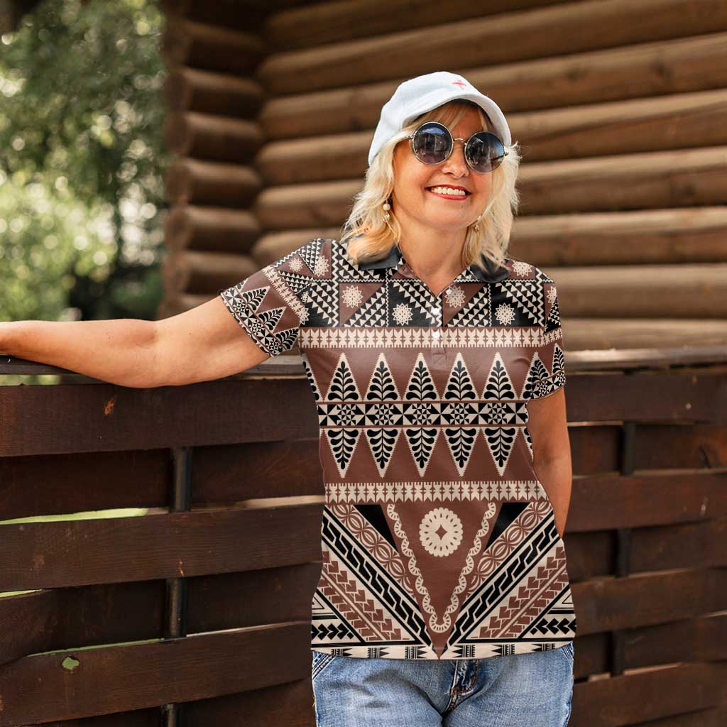 Vintage Bula Fiji Women Polo Shirt Brown Tapa Masi Motif