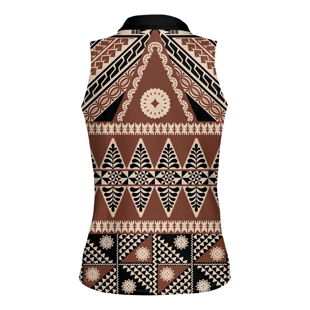 Vintage Bula Fiji Women Sleeveless Polo Shirt Brown Tapa Masi Motif
