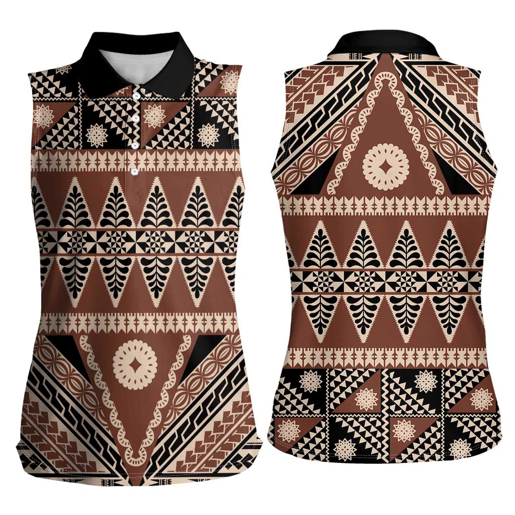 Vintage Bula Fiji Women Sleeveless Polo Shirt Brown Tapa Masi Motif