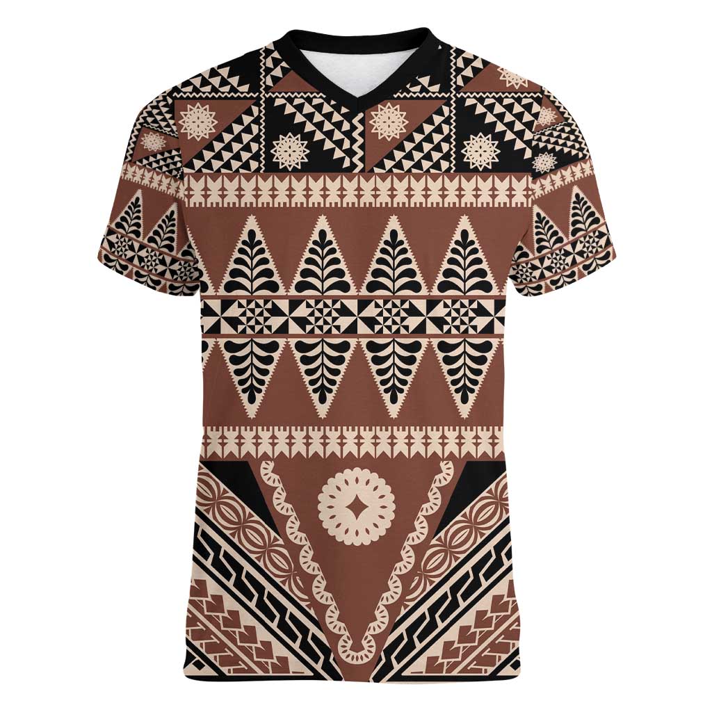 Vintage Bula Fiji Women V-Neck T-Shirt Brown Tapa Masi Motif