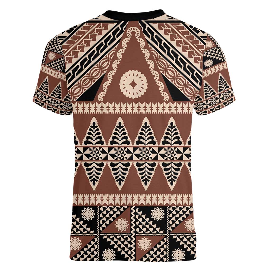Vintage Bula Fiji Women V-Neck T-Shirt Brown Tapa Masi Motif