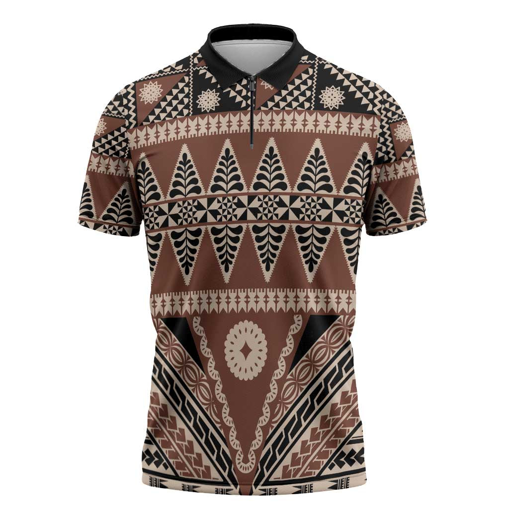 Vintage Bula Fiji Zipper Polo Shirt Brown Tapa Masi Motif - Polynesian Pride