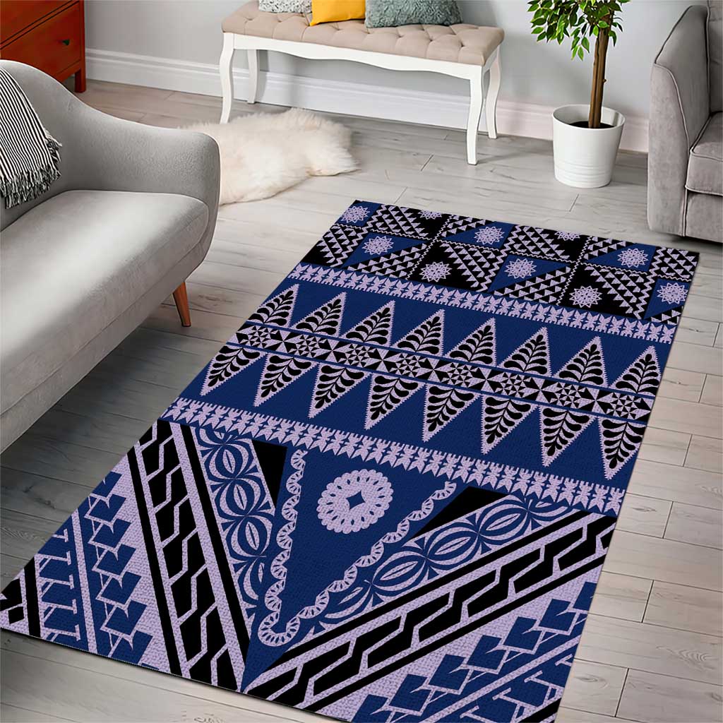 Vintage Bula Fiji Area Rug Prussian Blue Tapa Masi Motif