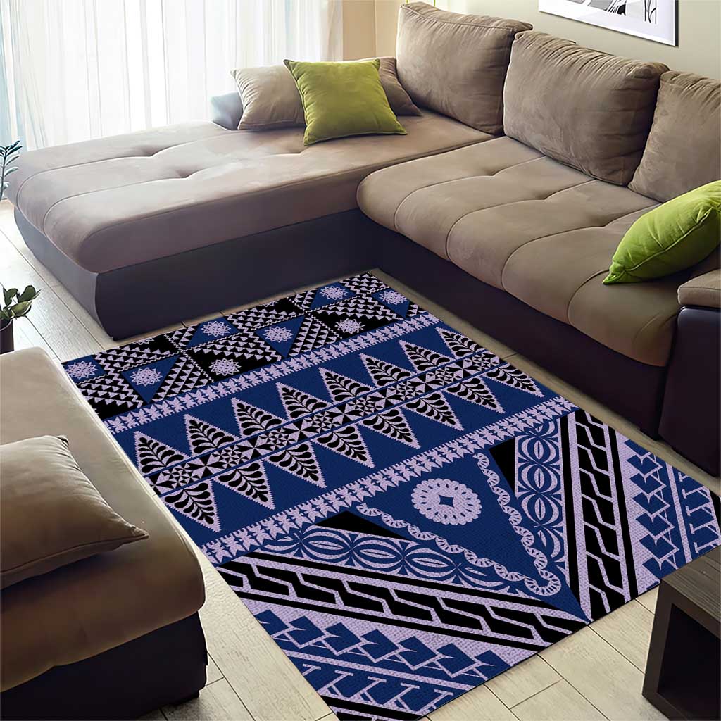 Vintage Bula Fiji Area Rug Prussian Blue Tapa Masi Motif
