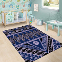 Vintage Bula Fiji Area Rug Prussian Blue Tapa Masi Motif