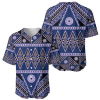 Vintage Bula Fiji Baseball Jersey Prussian Blue Tapa Masi Motif
